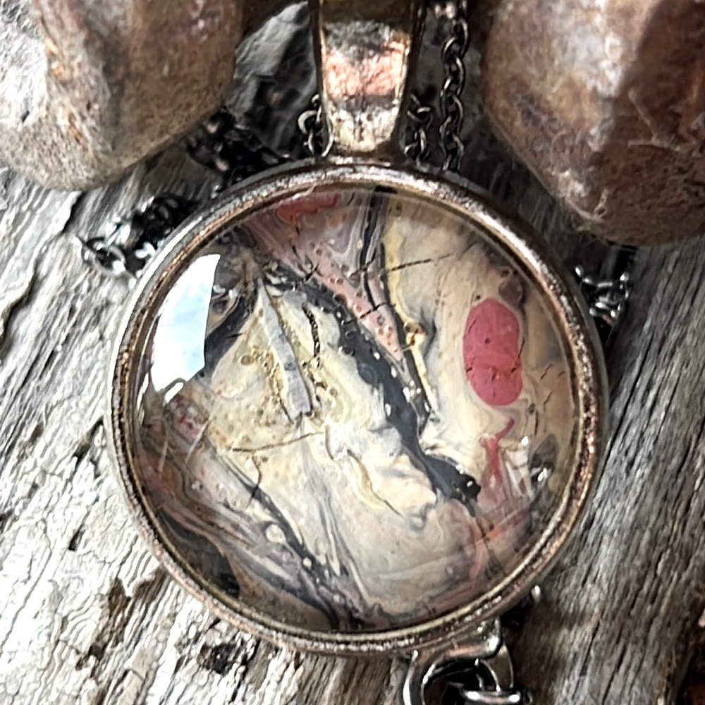 SALE Miniature acrylic “dirty pour” painting necklace Susan Ray, author/designer